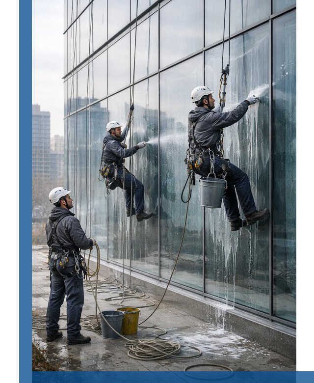 Промышленная мойка панорамных окон на высоте в Котласе