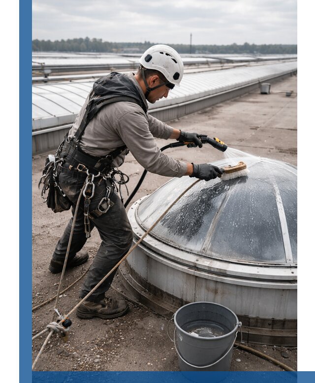 Мойка зенитных фонарей на кровле для промышленных объектов в Котласе