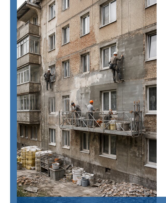 Капитальный ремонт фасада в Котласе с восстановлением и гидроизоляцией