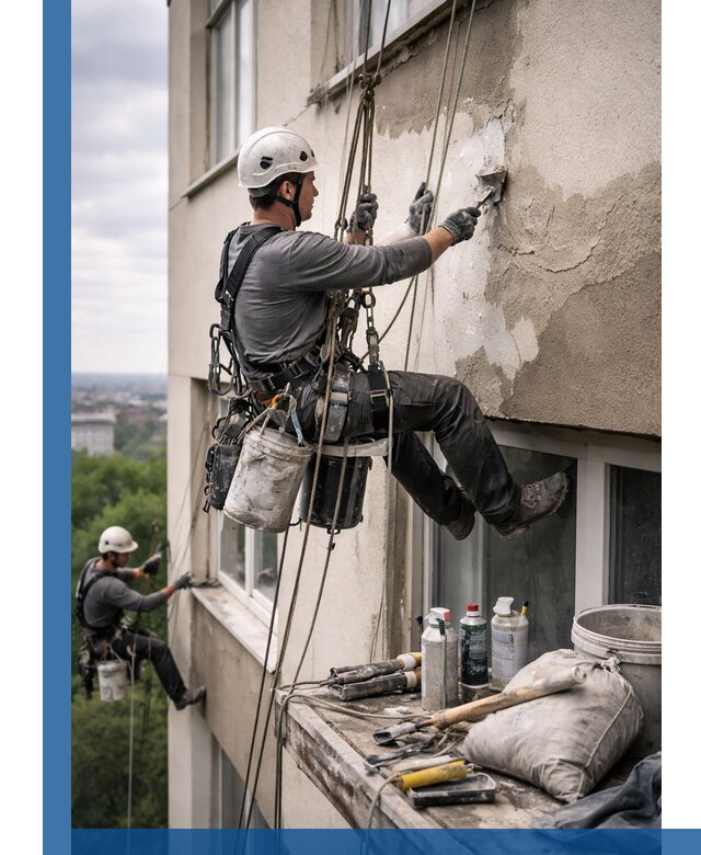 Косметический ремонт фасада зданий в Котласе промышленными альпинистами