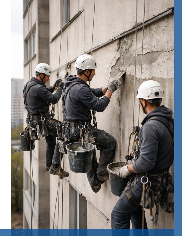 Ремонт бетонных элементов фасада в Котласе от 2591 р. | ВЫСОТНИК-Ктл