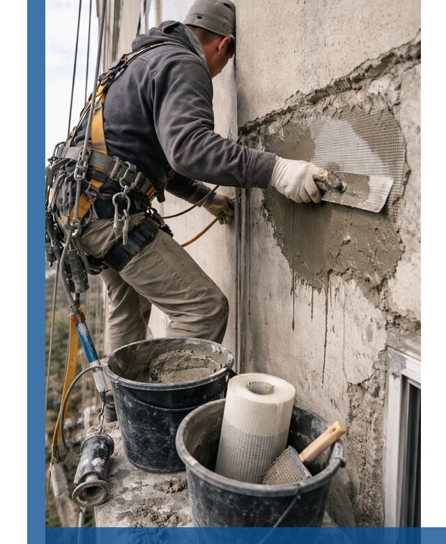 Ремонт бетонных элементов фасада промышленными альпинистами в Котласе