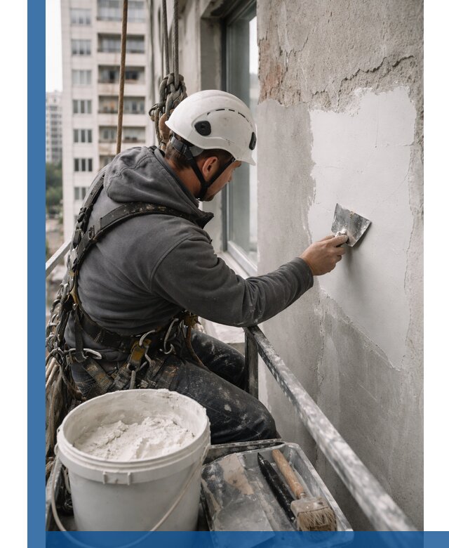 Шпаклевка фасадов на высоте с промальпинистами в Котласе