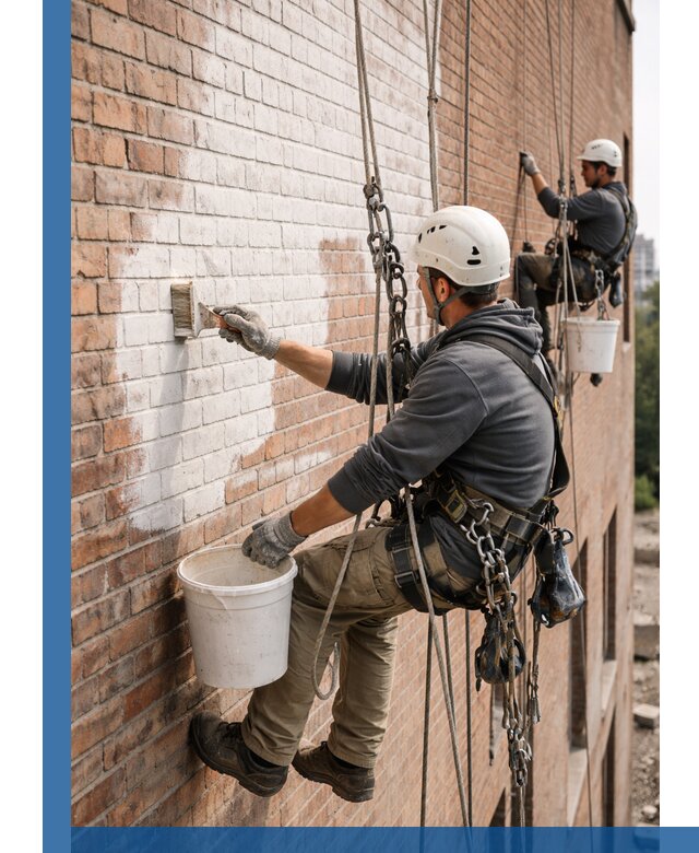 Покраска кирпичного фасада с доступным альпинистским сервисом в Котласе