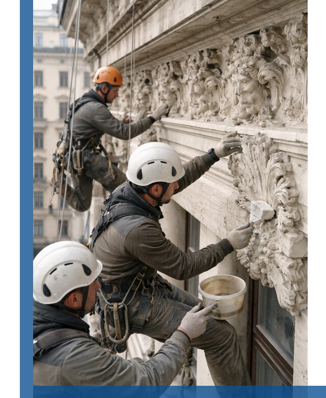 Реставрация фасадной лепнины с высотными работами в Котласе