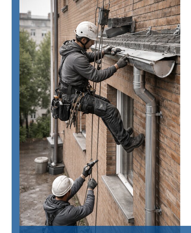 Монтаж водосточной системы на здании в Котласе под ключ