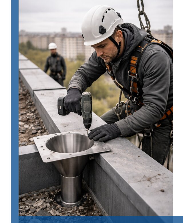 Монтаж водосточных воронок в Котласе для промышленных зданий