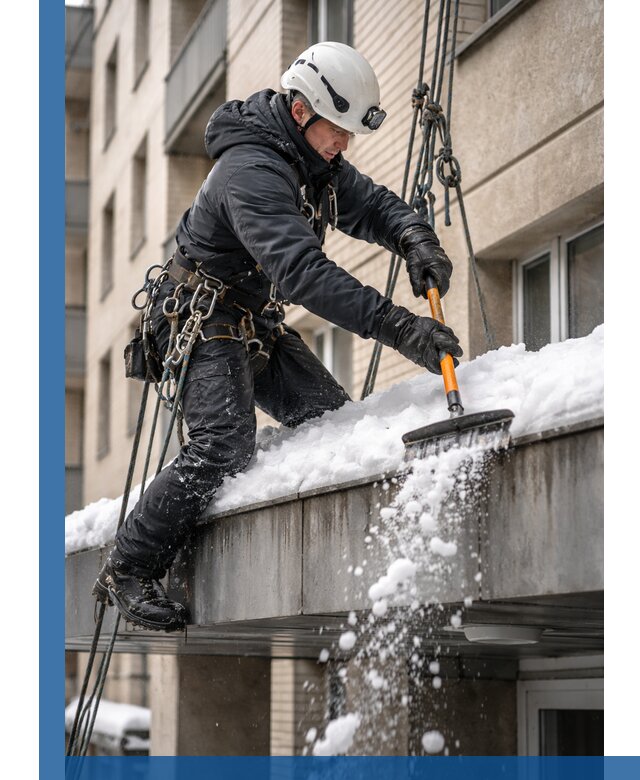 Очистка козырьков от снега в Котласе круглогодично безопасно