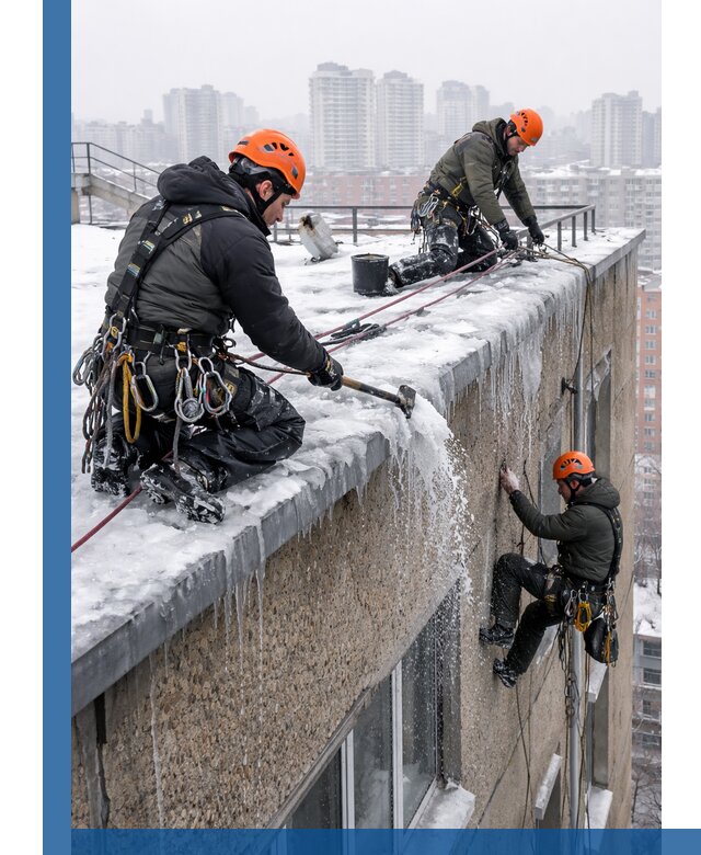 Удаление наледи с кровли в Котласе промышленными альпинистами