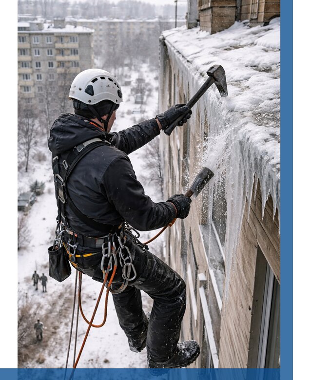 Сбивание сосулек с крыши в Котласе по цене от 4663 р. | ВЫСОТНИК-Ктл