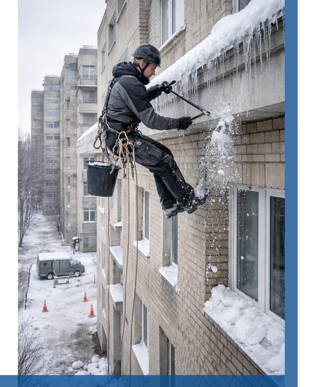 Удаление наледи с карнизов в Котласе от 363 р. | ВЫСОТНИК-Ктл