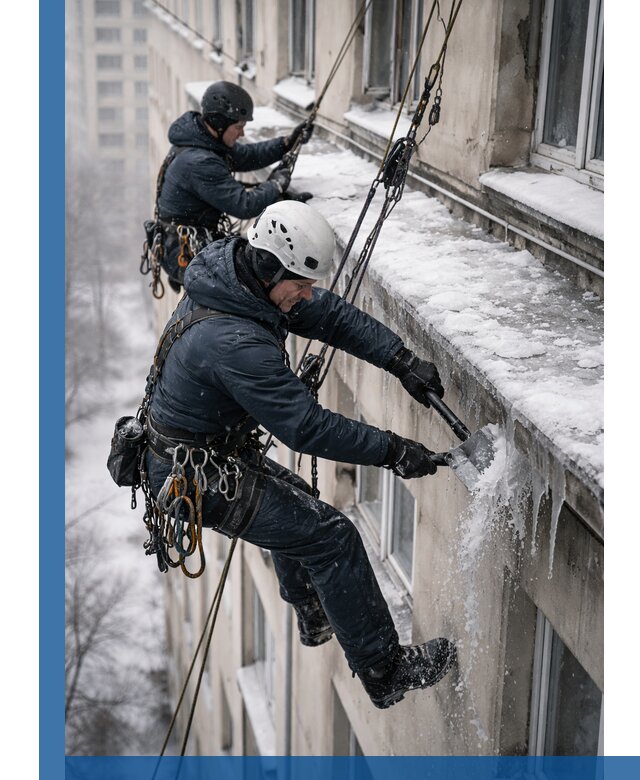 Удаление наледи и сосулек с карнизов в Котласе профессионально