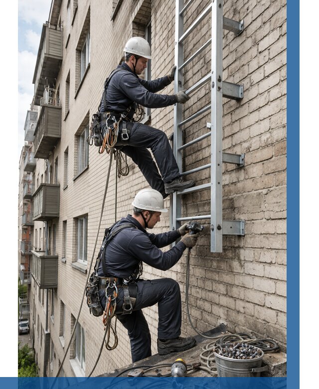 Монтаж пожарной лестницы в Котласе от 25908 р заказать у ВЫСОТНИК-Ктл