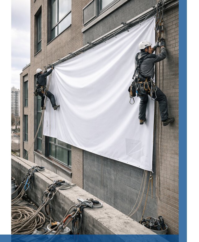 Монтаж баннеров на фасаде в Котласе от 674 р. заказать ВЫСОТНИК-Ктл