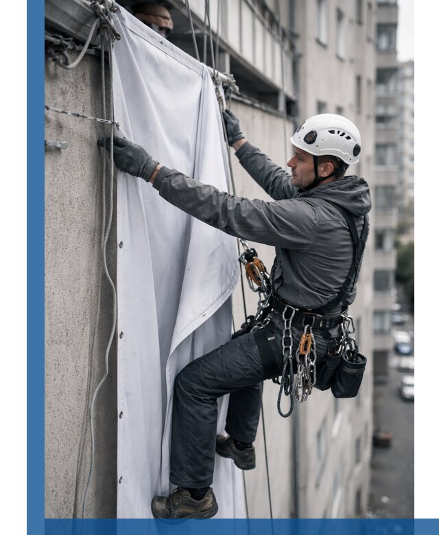 Замена баннерного полотна промышленными альпинистами в Котласе