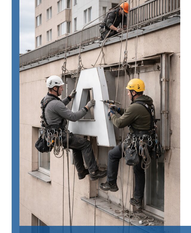 Ремонт и восстановление наружных вывесок на высоте в Котласе