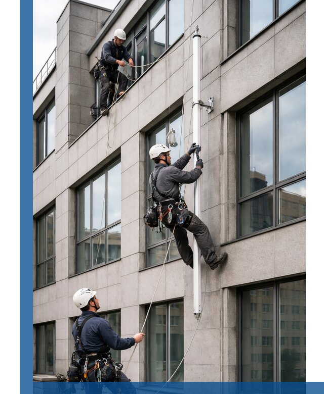 Монтаж флагштока на фасаде здания с креплением и герметикой в Котласе