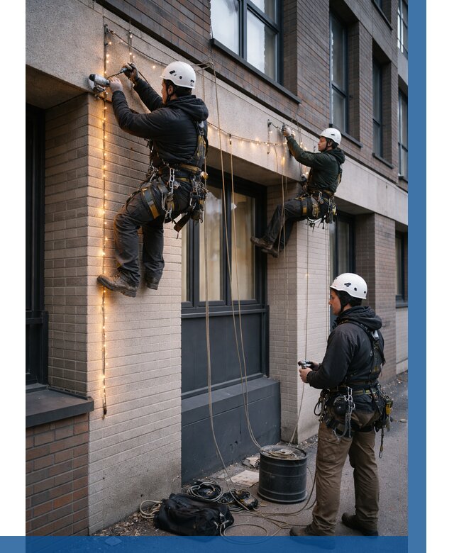 Монтаж гирлянд на фасаде в Котласе от 3627 р. | ВЫСОТНИК-Ктл