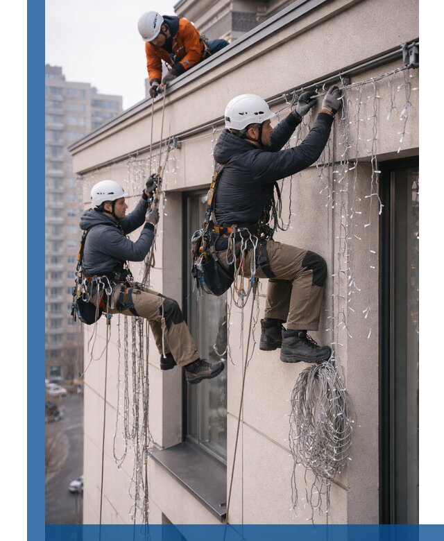 Монтаж праздничных гирлянд на фасаде в Котласе для зданий