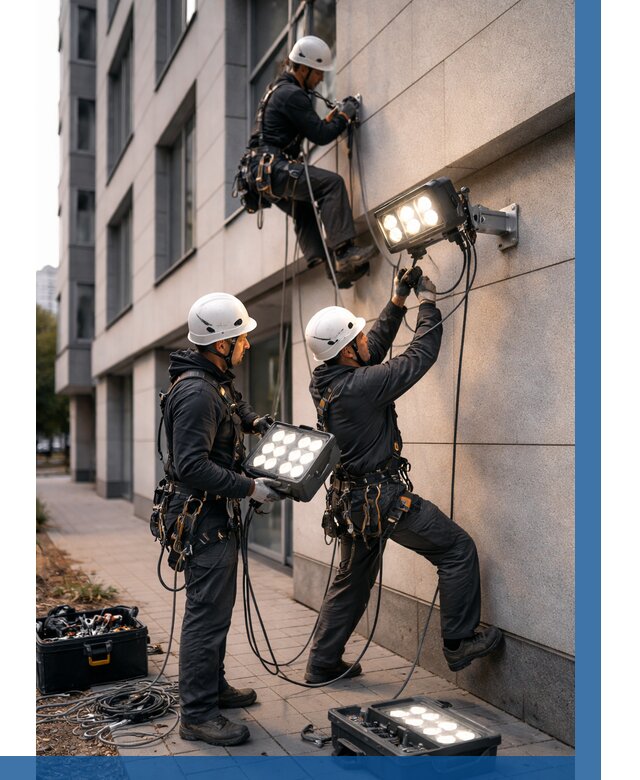 Монтаж прожекторов на фасаде в Котласе от 7772 р. | ВЫСОТНИК-Ктл