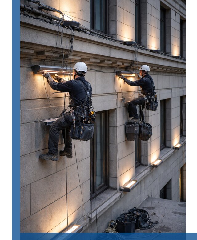 Монтаж архитектурной подсветки фасадов зданий в Котласе