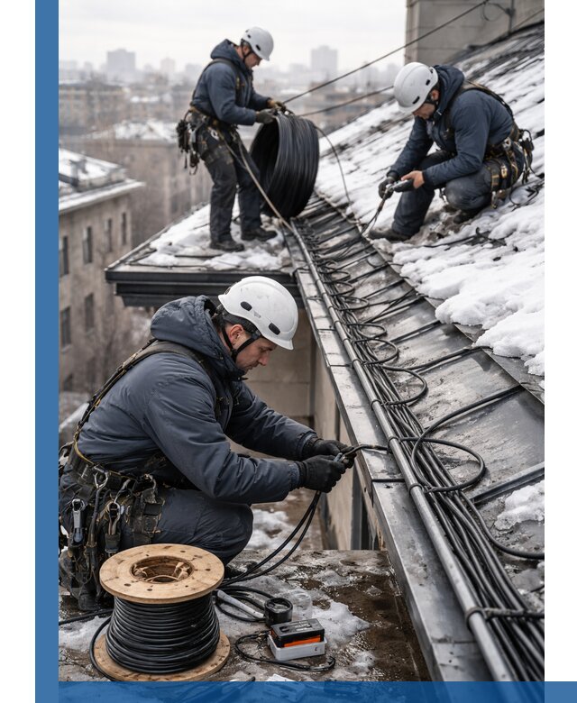 Монтаж греющего кабеля на кровле в Котласе под ключ