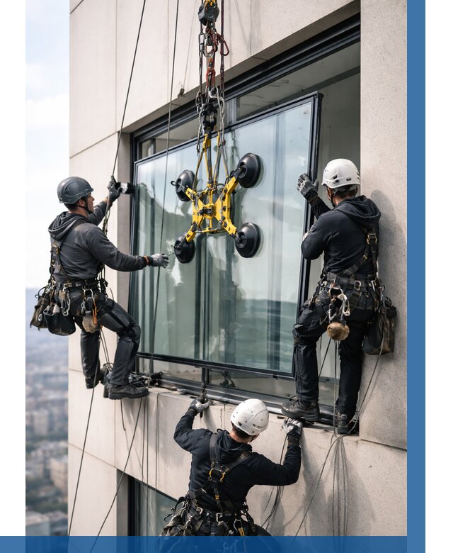 Монтаж стеклопакетов на высоте в Котласе от 3316 р. | ВЫСОТНИК-Ктл