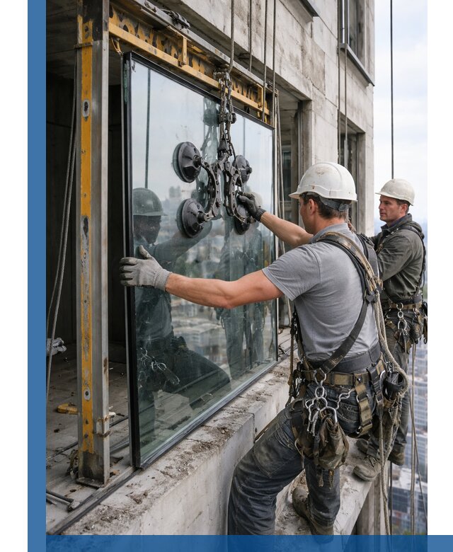 Монтаж стеклопакетов на высоте в Котласе с промышленным альпинизмом