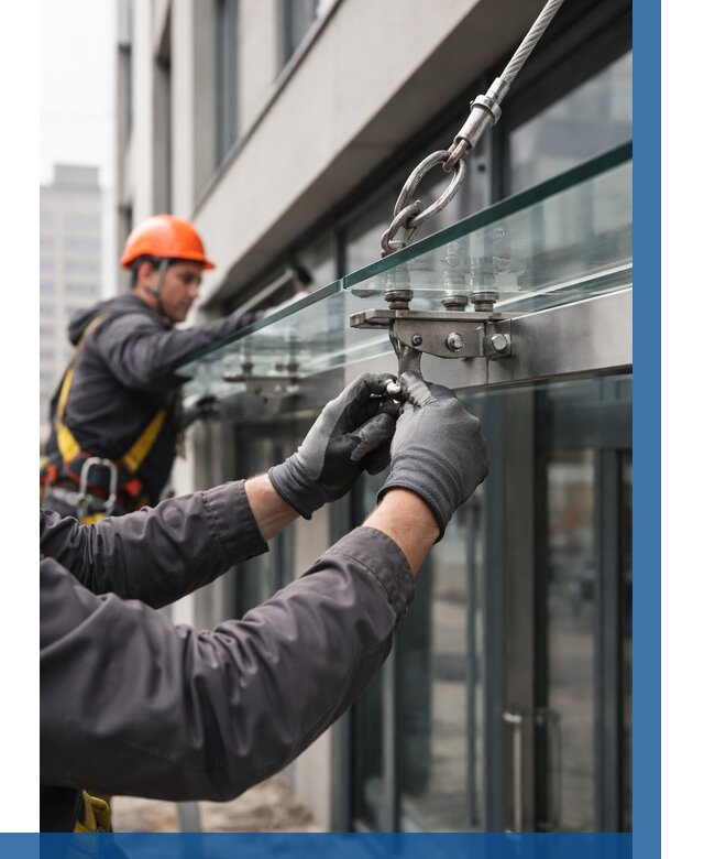 Монтаж стеклянных козырьков в Котласе от 8809 р. | ВЫСОТНИК-Ктл