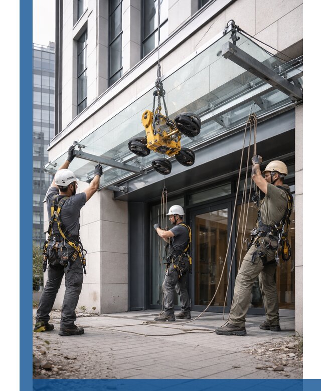 Монтаж стеклянных козырьков под ключ в Котласе для зданий