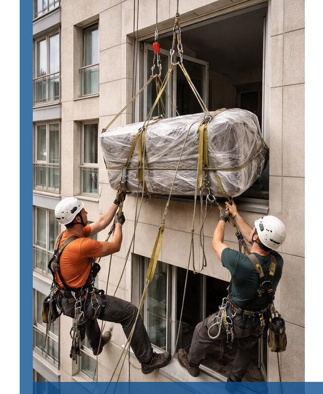 Подъем грузов через окно в Котласе промышленными альпинистами