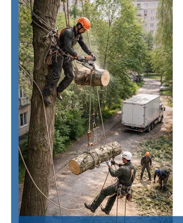 Спил деревьев альпинистами в Котласе, безопасно и без повреждений